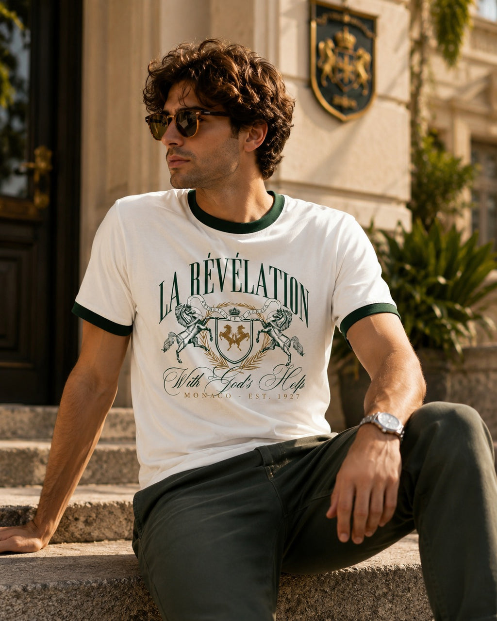 Retro Heraldic Graphic Ringer printed Regular T-shirt
